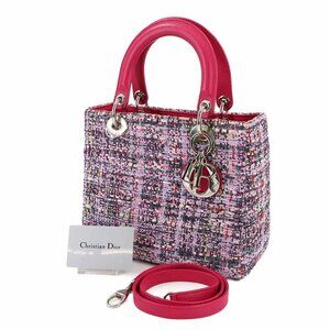 Chiristian Dior Lady Dior Medium Hand Shoulder Bag Tweed Leather Pink 90289206